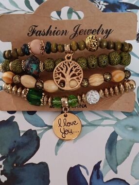 4 Beaded Stack Cluster Bracelets Set with Charms New!